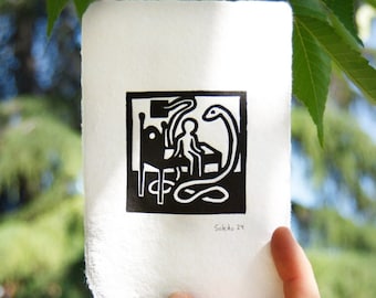 SNAKE TALES I , Mini Linocut Print, original handmade art, Hand carved, mini print, Lino cut, block print,original, cute snake artwork, kid