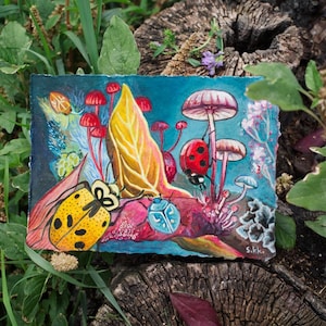 OPERE D'ARTE ORIGINALI, pittura tecnica mista su carta fatta a mano, arte di insetti, pittura di insetti, arte goblin colorata.