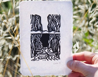 SNAKE TALES III , Mini Linocut Print, original handmade art, Hand carved, mini print, Lino cut, block print,original, ocean snake artwork.