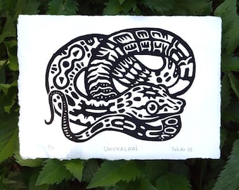 Snake Linocut Print: UNUKALHAI Handmade Block Print, Fairytale Art