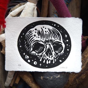 Skull Linocut Print, original handmade art, Limited Editon skull tattoo style , Lino cut, block print, goth skull artwork.