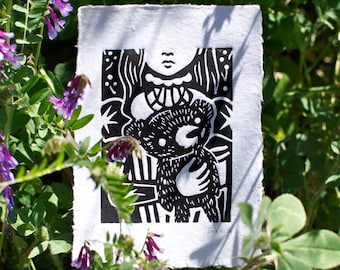 LITTLE WARRIOR, Mini Linocut Print, original handmade art, Hand carved, mini print, Lino cut, block print,original, girl and a bear artwork.