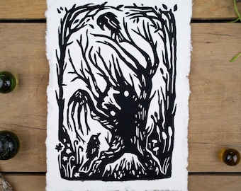 KODAMA TREE Mini Linocut Print 6”x4”, tamaño A6 arte original hecho a mano.