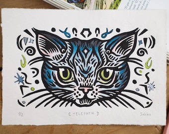 TELEPATH Cat Linoprint: Gothic Alchemy Art on Handmade Paper