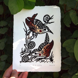 JO & JIMBO Bird Linocut Print: Handmade Folk Art (A5 Size)