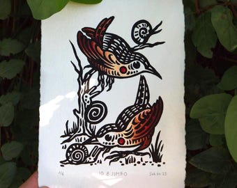 JO & JIMBO Bird Linocut Print: Handmade Folk Art (A5 Size)