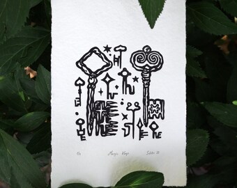 Skeleton Keys Linoprint: Handmade Star Key Art, Limited Edition