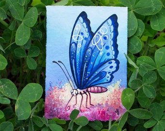 OBRA DE ILUSTRACIÓN ORIGINAL, pintura acrílica de mariposas, arte de pared de primavera, mariposa cósmica, obras de arte coloridas, arte de pared de insectos, mariposa mágica azul, polilla