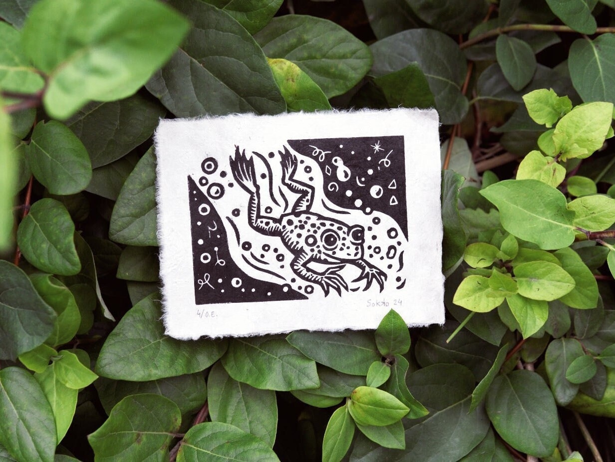 Frog Linocut Print: Cottagecore Amphibian Art (4.9"x3.7")