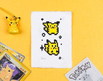 Pikachu Linoprint: Pokémon pixel inspired linocut,  Y2K Nostalgia Art, Handmade Paper