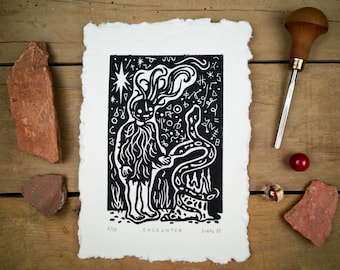 ENCOUNTER Linocut Print, 8.3 " x 5.8", A5 size, original handmade art