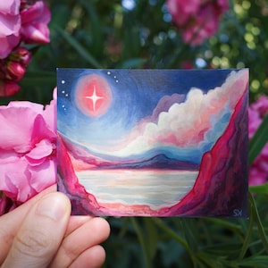 ORIGINAL ARTWORK, himmlisches Originalgemälde, Sternenwanddekor, winziges Sammlerstück, verträumte Landschaft, rosa und blaue Landschaft, ATC