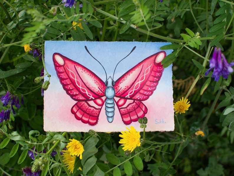 ORIGINAL ARTWORK , butterfly acrylic paintings , spring wall art, colorful painting, cottagecore, nature art, mini butterfly painting, pink image 1