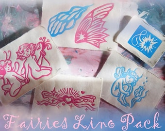 Fairy Linoprints Bundle: Handmade Glitter Art, Pink & Blue, 5 Mini Prints