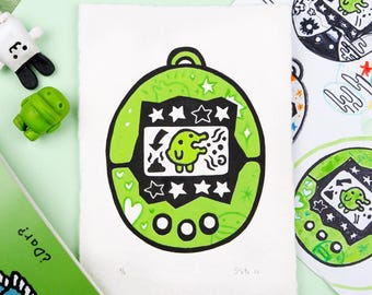Tamagotchi Funny Linoprint: Y2K Nostalgia Art, Handmade Paper, Kuchipatchi art print, original limited artwork.