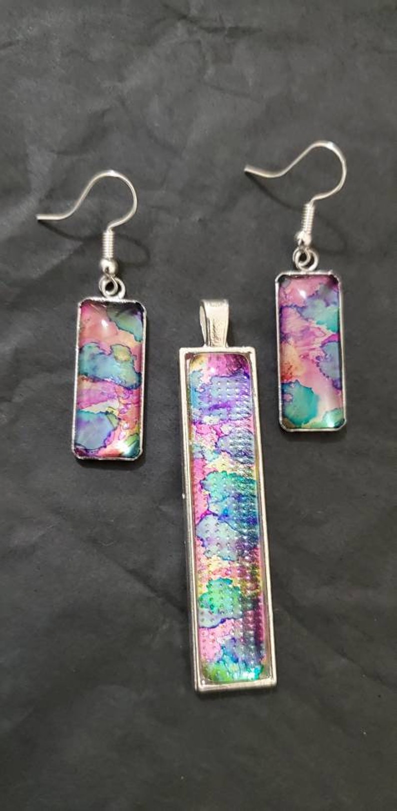 Glass Prism Alcohol Ink Necklace wEarrings ~ Rectangle Multi Color Kaleidoscope Jewelry ~ Valentine Gift ~ Handcrafted by Donna/'s Peaces
