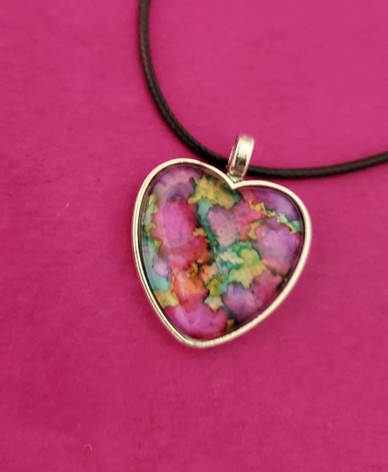 BE MINE ~ Alcohol Inked Heart Necklace ~ Alcohol Ink Rainbow Prism ~ Heart Pendant Art Gift ~ One of a Kind ~ Handcrafted by Donna/'s Peaces