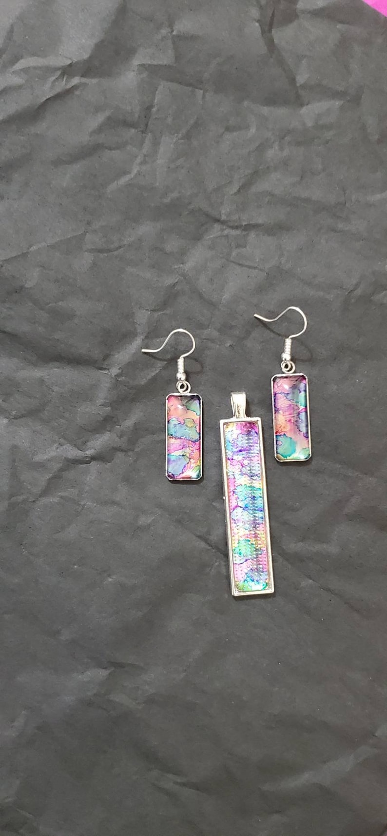 Glass Prism Alcohol Ink Necklace wEarrings ~ Rectangle Multi Color Kaleidoscope Jewelry ~ Valentine Gift ~ Handcrafted by Donna/'s Peaces