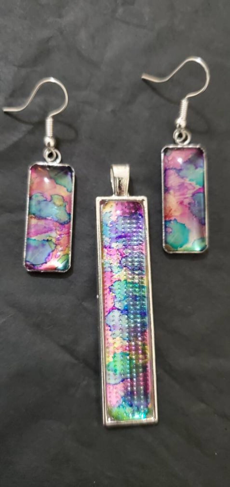 Glass Prism Alcohol Ink Necklace wEarrings ~ Rectangle Multi Color Kaleidoscope Jewelry ~ Valentine Gift ~ Handcrafted by Donna/'s Peaces