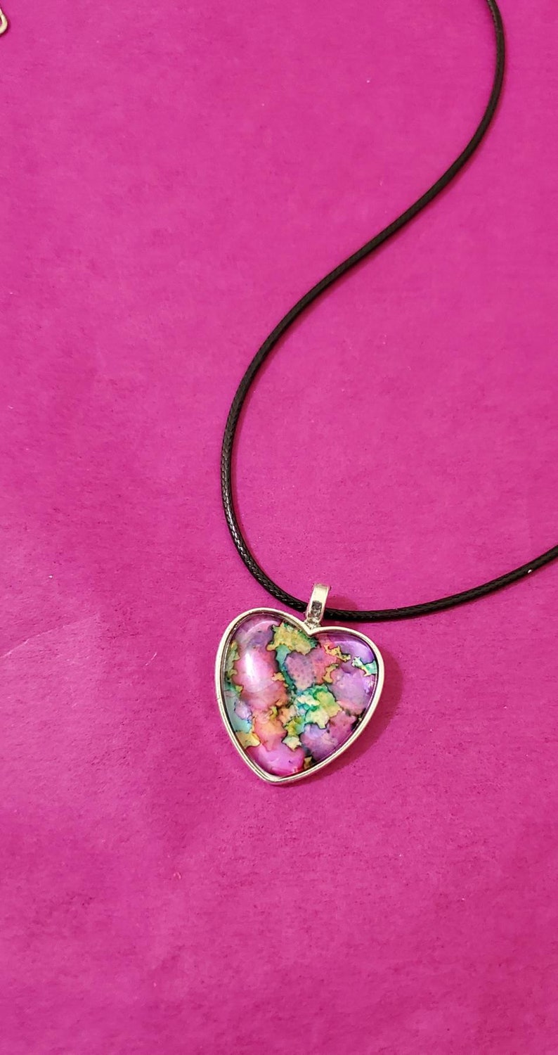 BE MINE ~ Alcohol Inked Heart Necklace ~ Alcohol Ink Rainbow Prism ~ Heart Pendant Art Gift ~ One of a Kind ~ Handcrafted by Donna/'s Peaces