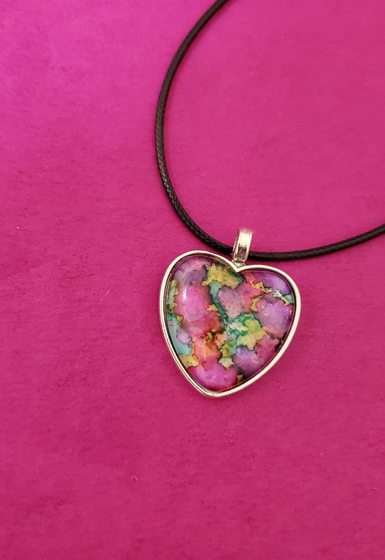 BE MINE ~ Alcohol Inked Heart Necklace ~ Alcohol Ink Rainbow Prism ~ Heart Pendant Art Gift ~ One of a Kind ~ Handcrafted by Donna/'s Peaces