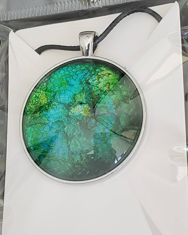 Unique Alcohol Ink Green and Blue 40mm Pendant ~Beautiful colors ~ Kaleidoscope Effect~ Alcohol Ink Necklace ~ Handcrafted by Donna/'s Peaces