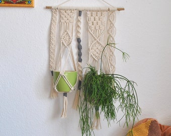 doppelte Makramee Blumenampel Wandbehang Wandteppich Wallhanging planthanger boho Deko Unikat handgeknüpft Natur Grau