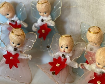 Vintage Christmas Angel with Wired Tulle Wings Spun Cotton Head and Felt Gown