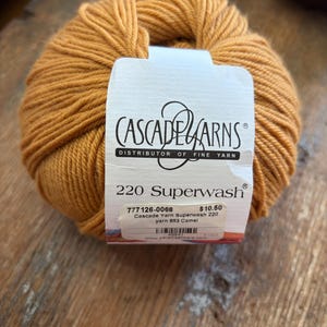 Op de afbeelding: Een bol camelkleurige Cascade Yarns 220 Superwash garen met een wit papieren label. Het label bevat de merknaam Cascade Yarns, de productnaam 220 Superwash en de specifieke kleurcode 853 Camel die op de voorzijde is afgedrukt.