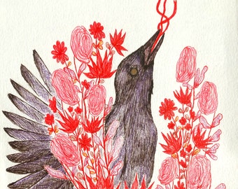 Crow with Autumn Flowers - Hand Drawn Ink Drawing