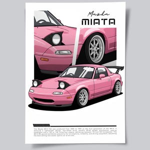 Op de afbeelding: Roze Mazda Miata poster. De afbeelding toont een roze Miata auto in cartoonstijl, met de naam van de auto bovenaan. De poster bevat een close-up van de voorkant van de auto en een volledig beeld van de auto.