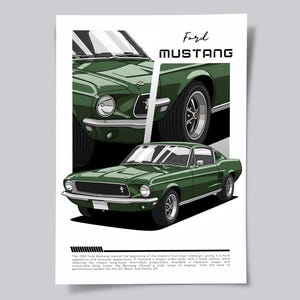 Op de afbeelding: Illustratie van een groene Ford Mustang op een witte achtergrond. De poster toont de auto vanuit verschillende hoeken, met het woord "Mustang" bovenaan. Het ontwerp is minimalistisch en benadrukt de klassieke lijnen en kenmerken van de auto.