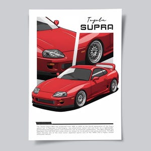 Op de afbeelding: Rode Toyota Supra poster met drie weergaven van de auto. De poster bevat de tekst "Toyota Supra" in een gestileerd lettertype. De auto wordt van voren, van de zijkant en in een driekwart hoek getoond. De poster heeft een witte achtergrond.
