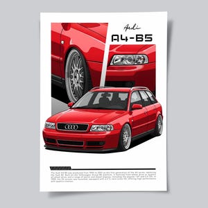 Op de afbeelding: Rode Audi A4-B5 poster met een gestileerde illustratie van de auto. De afbeelding toont de voor- en zijaanzicht van de auto, met het Audi-logo prominent aanwezig. De poster heeft de tekst "Audi A4-B5" in de rechterbovenhoek.