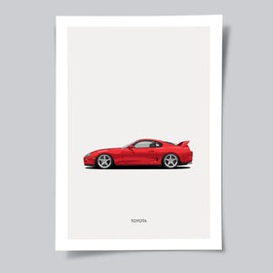 May include: A red Toyota Supra sports car illustration on a white background. The car is depicted in profile, showcasing its sleek design and spoiler. The word "TOYOTA" is printed at the bottom of the image.