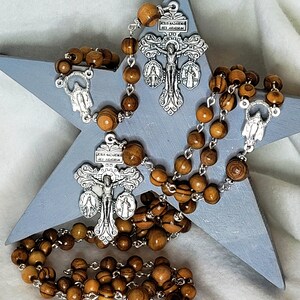 Authentic Bethlehem Olive Wood 5 Decade Rosary with Indulgence Pardon 3 Way (Triple Threat) Crucifix and Miraculous Center. Handmade