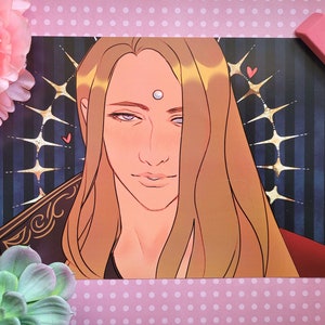 May include: A digital illustration of a person with long blonde hair. The person has a pearl on their forehead and is wearing a dark jacket with gold accents. The background is a dark blue and gold pattern with hearts.