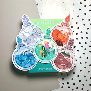 Adesivo Pozione Elementale / Bottiglia di Pozione Magica / Adesivi Lucidi / Confezione da 6 / Kawaii / Fuoco, Aria, Terra, Acqua, Natura
