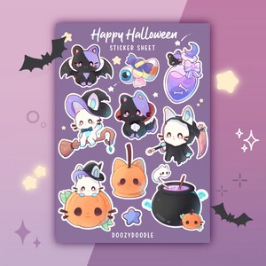 May include: A sticker sheet with a purple background featuring a variety of Halloween-themed illustrations. The illustrations include a cat wearing a witch's hat, a cat wearing a vampire costume, a cat wearing a ghost costume, a pumpkin, a cauldron, and a potion bottle. The text "Happy Halloween Sticker Sheet" is at the top of the sheet.