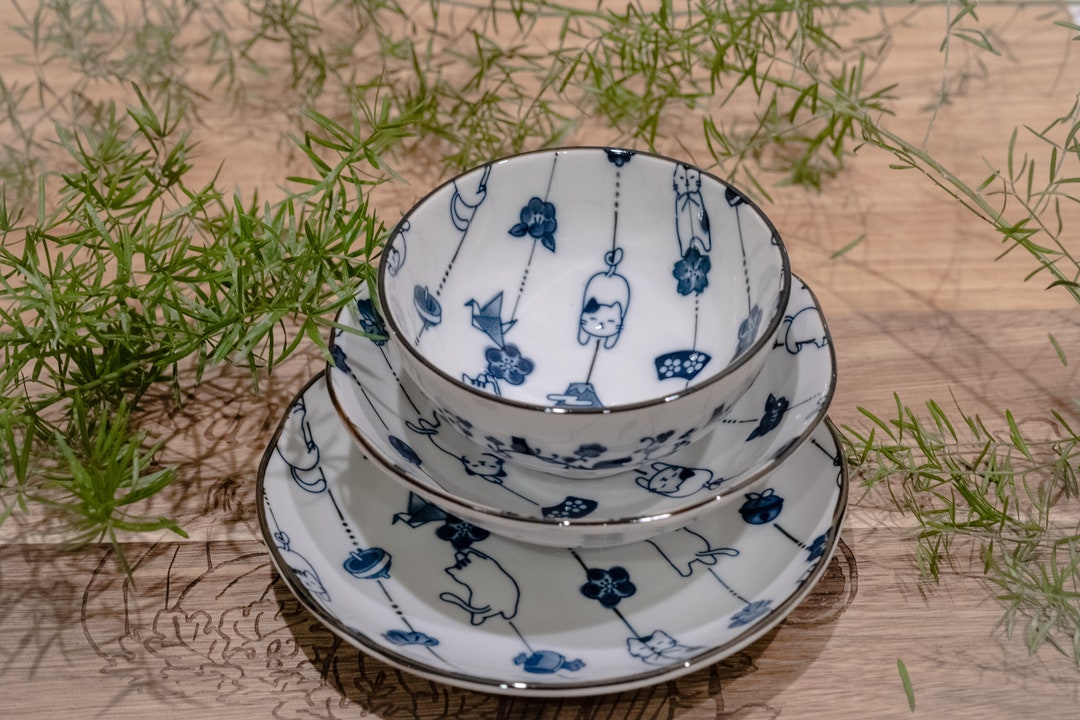 Cat Ceramic Bowl Set Cute Cat Bowls and Plate Cat Gifting Etsy