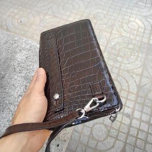 Portafoglio da polso in vera pelle di coccodrillo, fatto a mano, per uomo e donna, portafoglio da donna in pelle lucida con finitura a fantasia.