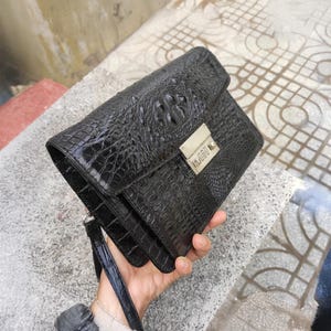 Bolsa de mão masculina de couro de crocodilo genuíno, feita à mão, carteira de pulso de pele de crocodilo genuína