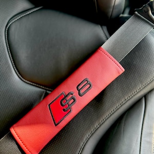 Car Seat Belt Covers Embroidery Vegan Leather Black Shoulder Pads Handmade Custom Gift Idea