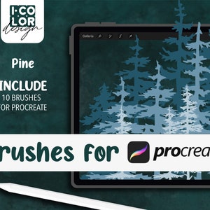 May include: A digital illustration of a forest of pine trees in shades of blue, displayed on an iPad screen. The text "Brushes for procreate" is displayed below the screen. The image is a product listing for 10 Procreate brushes for creating pine trees.