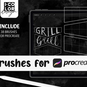 Op de afbeelding: Een digitale illustratie van het woord "Grill" geschreven in een handschrift op een zwart-witte rasterachtergrond. De afbeelding is een voorbeeld van een set van 38 Procreate-penselen.