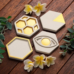 Concrete Coasters, Set of 4 Jewellery Holder Hexagon Beverage Coaster Industrial Design Home Decor White Gold Handmade image 1