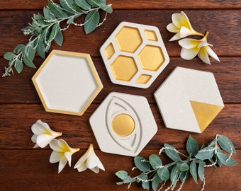 Concrete Coasters, Drink Coasters | Jewellery Holder | Modern Decor | Industrial Design | Beverage Coaster | Hexagon | White | Gold