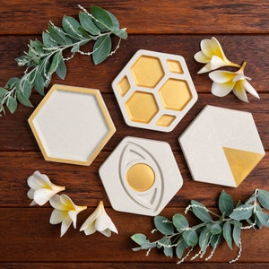 Concrete Coasters, Set of 4 Jewellery Holder Hexagon Beverage Coaster Industrial Design Home Decor White Gold Handmade image 2