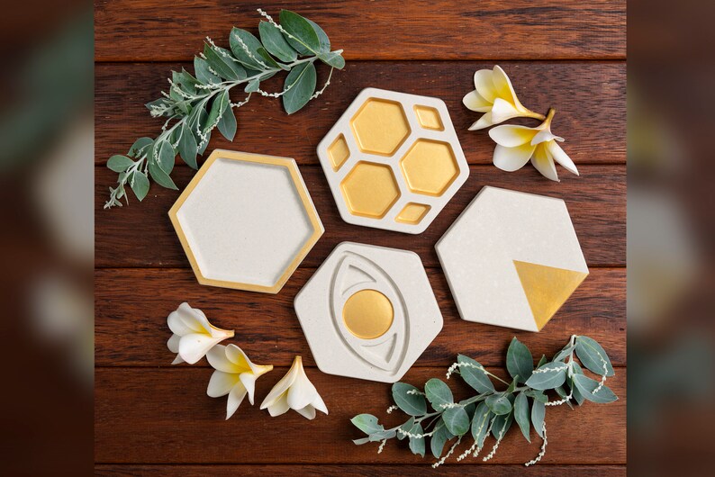 Concrete Coasters, Set of 4 Jewellery Holder Hexagon Beverage Coaster Industrial Design Home Decor White Gold Handmade image 2