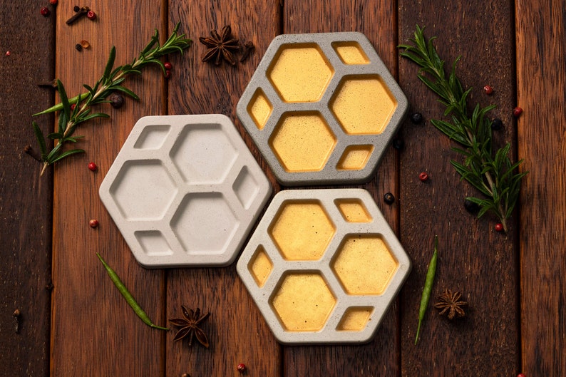 Concrete Coasters, Drink Coasters Modern Decor Hexagon Beverage Coaster Grey, White, Black Honey Gold image 3